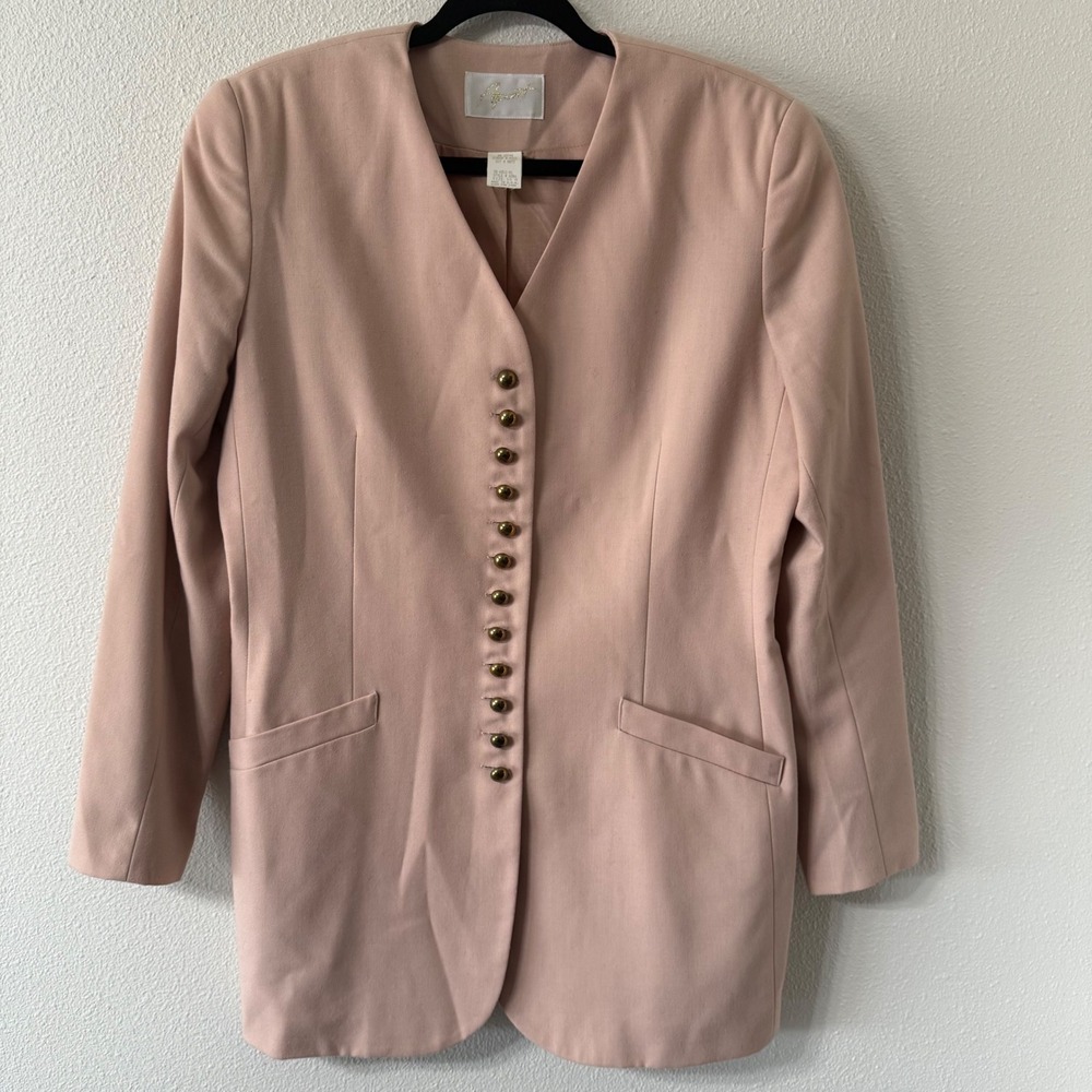 Apart Vintage Pink Longline Blazer Gold Dome Button Collarless Jacket Size 10 M